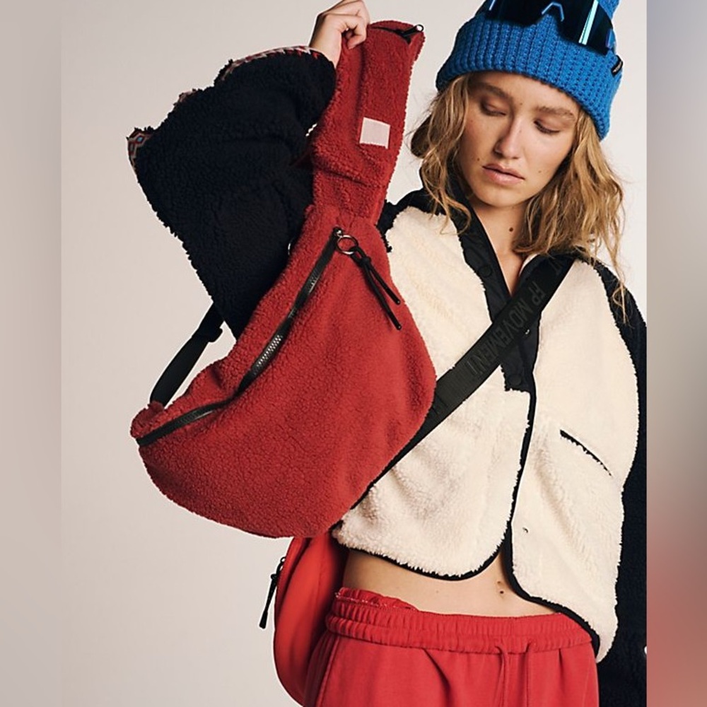 Free People/Cozy Red/Orange Sherpa Crossbody Sling Bag - Picture 2 of 10